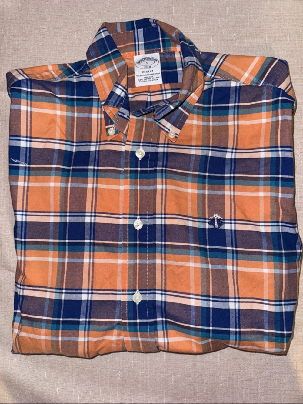 Brooks Brothers Orange and Blue Plaid Button-Down Shirt